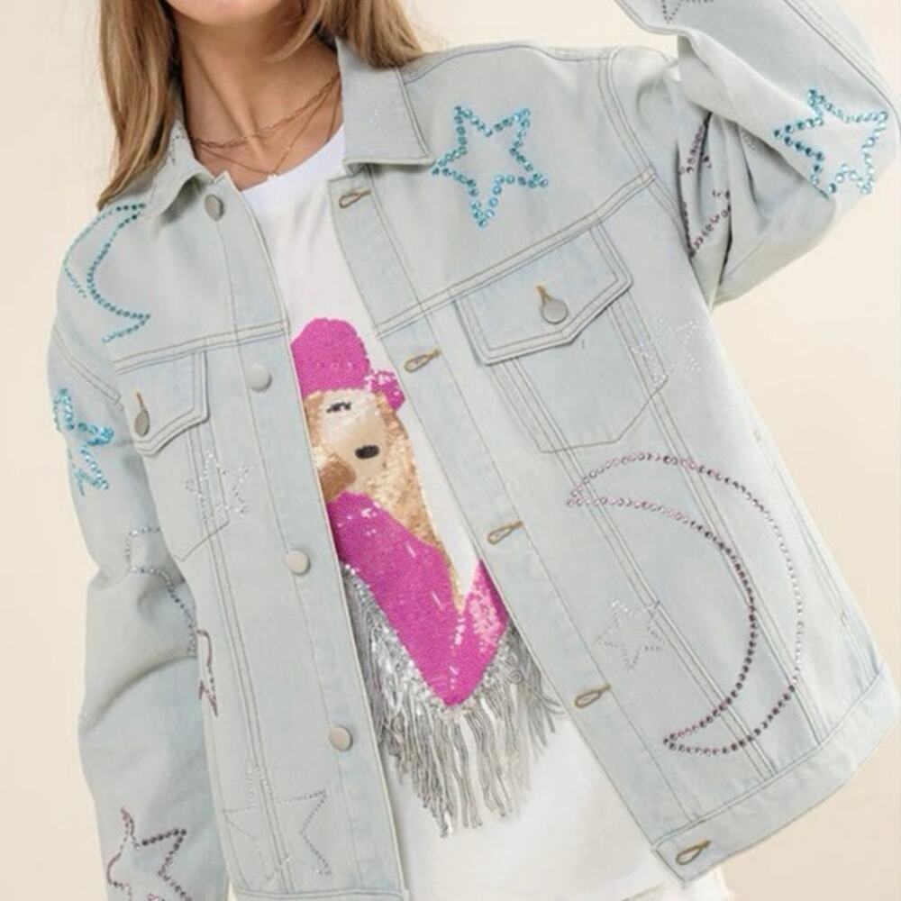 Blue b. Collection Jean denim jacket rhinestone NEW NWT size s